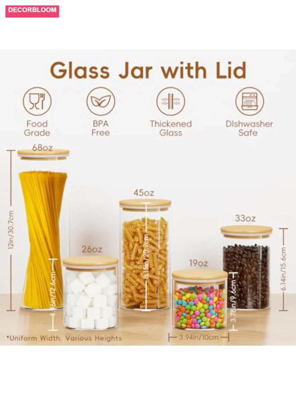 Airtight Glass Food Storage Containers with Bamboo Lids, 5-Pack Pantry